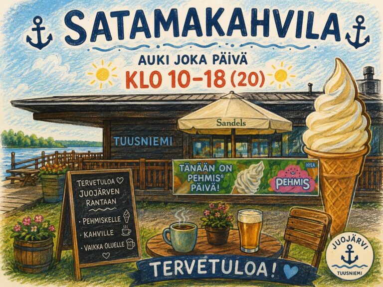 Hojon Satamakahvila Tuusniemell&auml; Juoj&auml;rven rannalla &mdash; auki joka p&auml;iv&auml; klo 10&ndash;18 (20). Pehmis, kahvi ja kes&auml;n tunnelma.